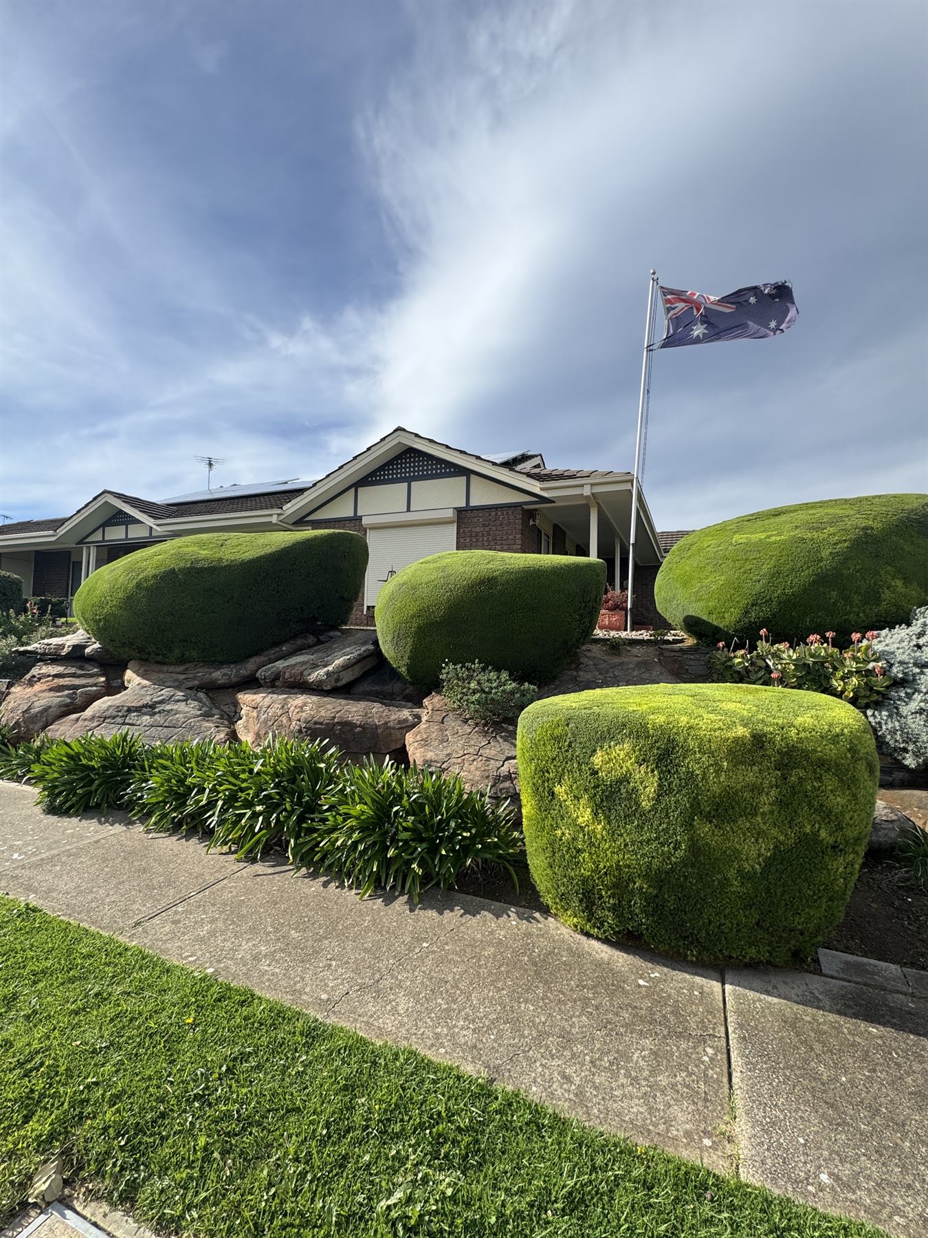 Large rounded clipped topiary forms holding the edge of a residential front garden